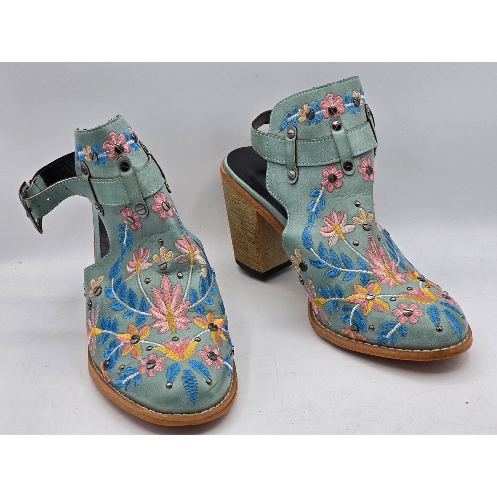 Unique‎ Embroidered Floral Studded Ankle Booties Women Size 9 Blue Boho -Good